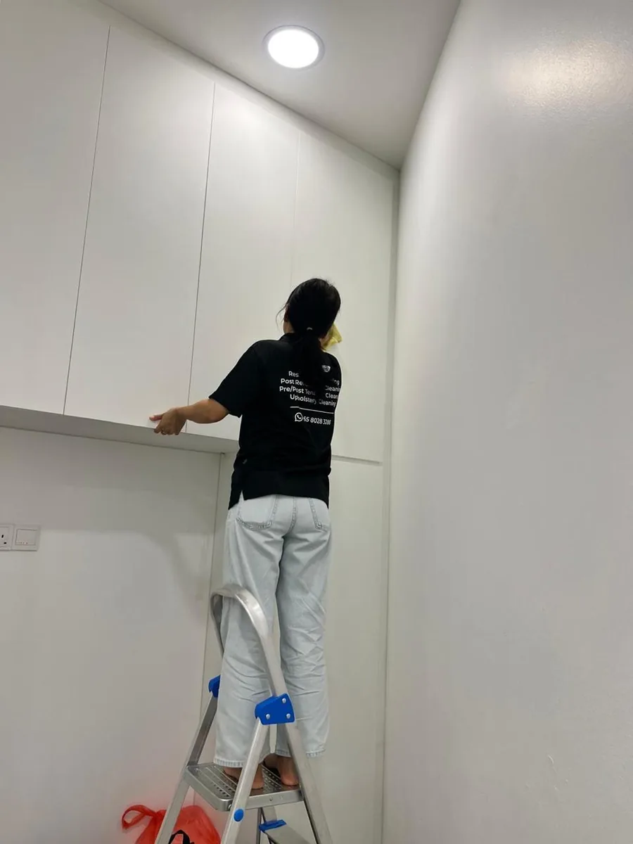 Cabinet cleaning on stepladder