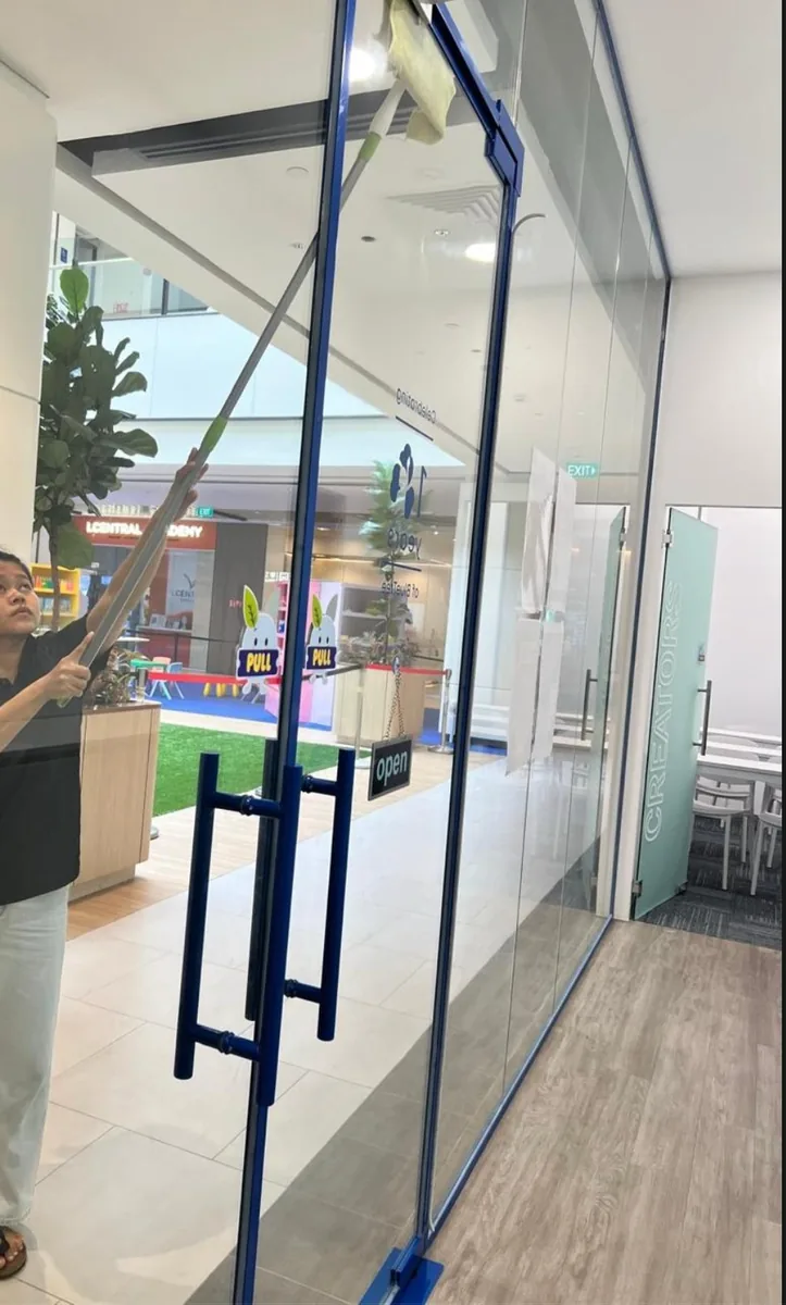 Entrance glass door cleaning with long-reach mop โ exterior clean