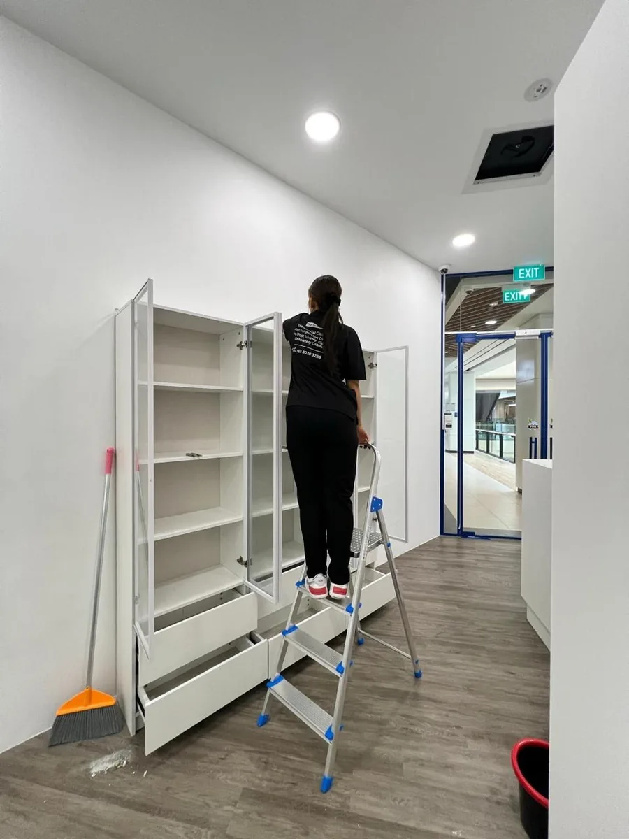 High cabinet wipe on ladder