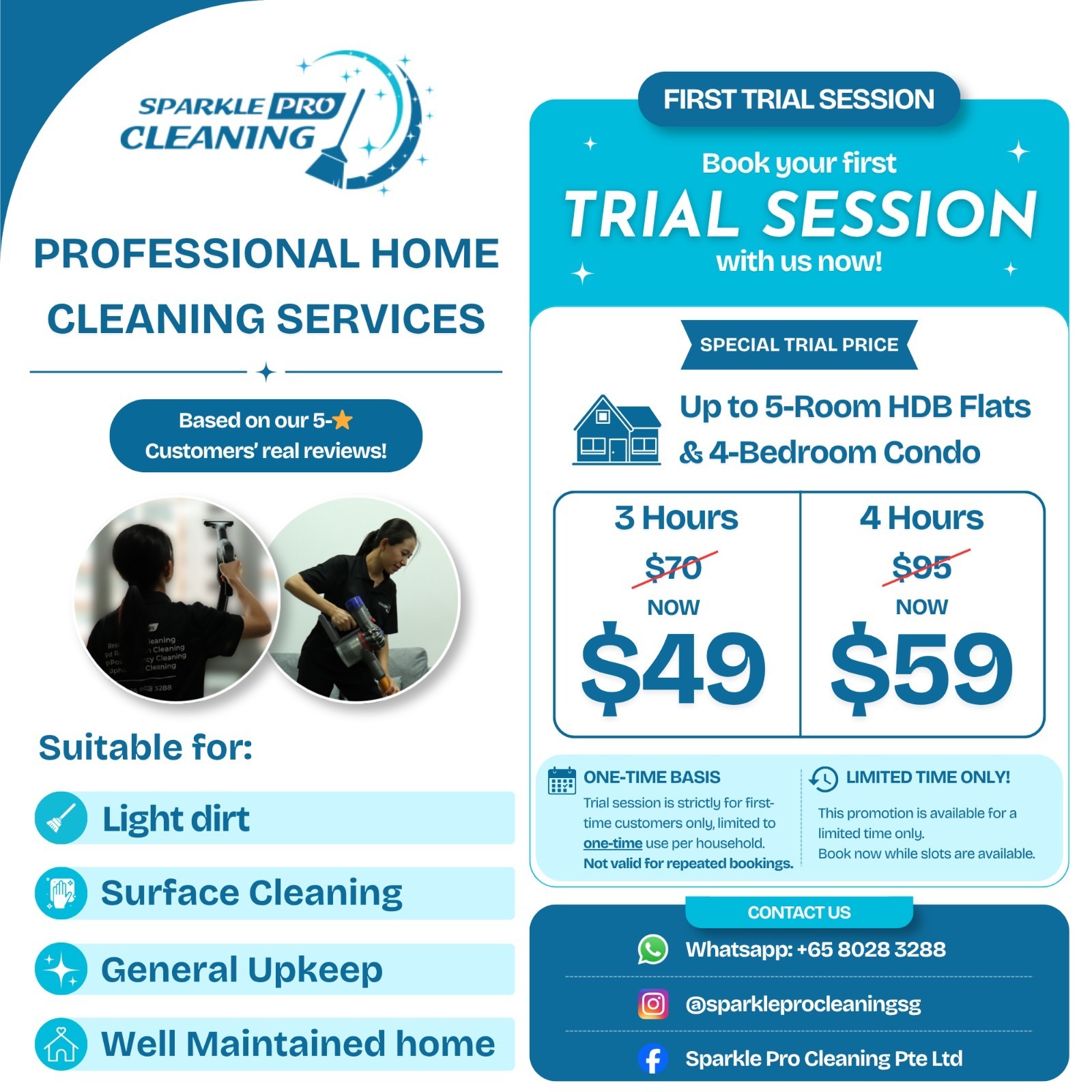 Sparkle Pro Cleaning first trial session promotion: 3 hours at $49 or 4 hours at $59 for up to 5-room HDB flats and 4-bedroom condos