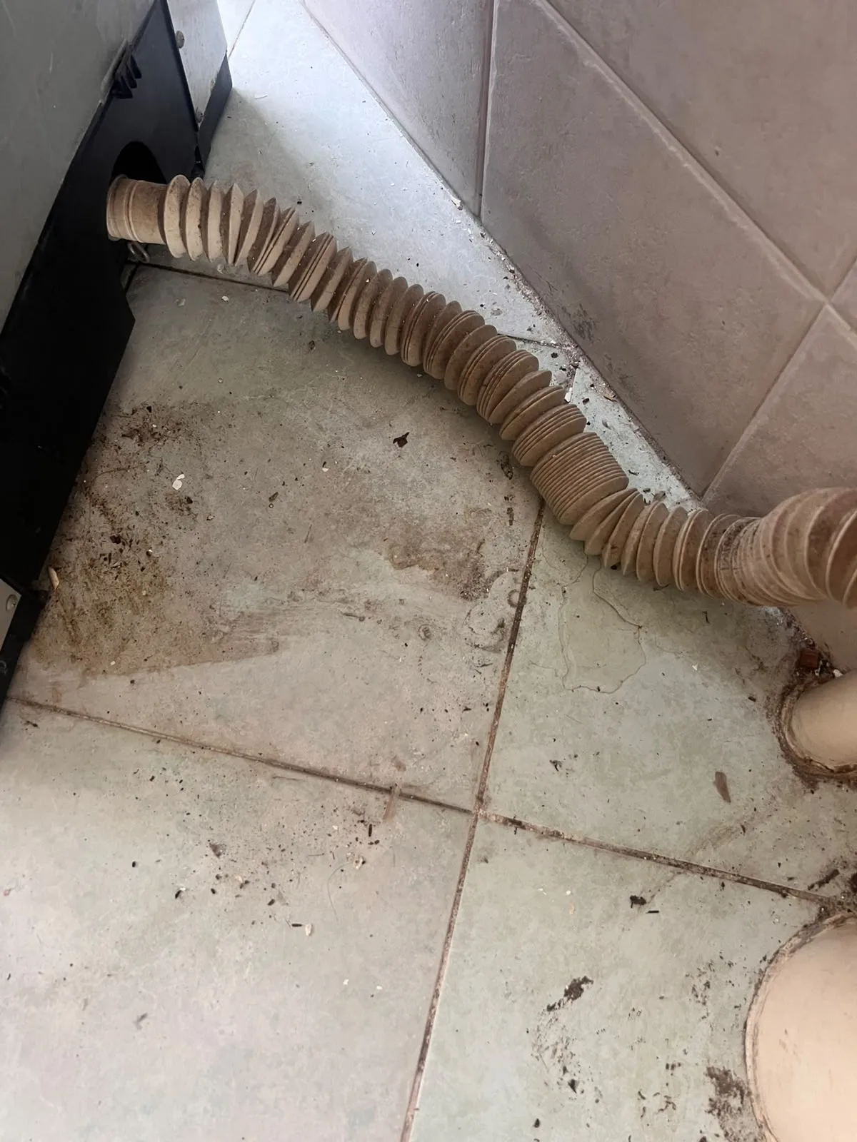 Post-tenancy before cleaning โ dirty bathroom floor around appliance hose and pipe