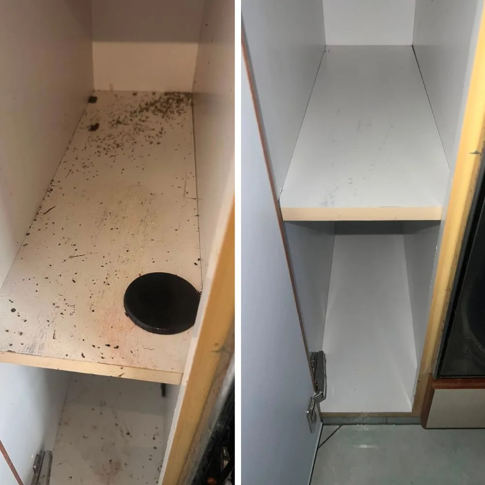 Post-tenancy cleaning — kitchen cabinet with cockroach droppings before and sanitised after