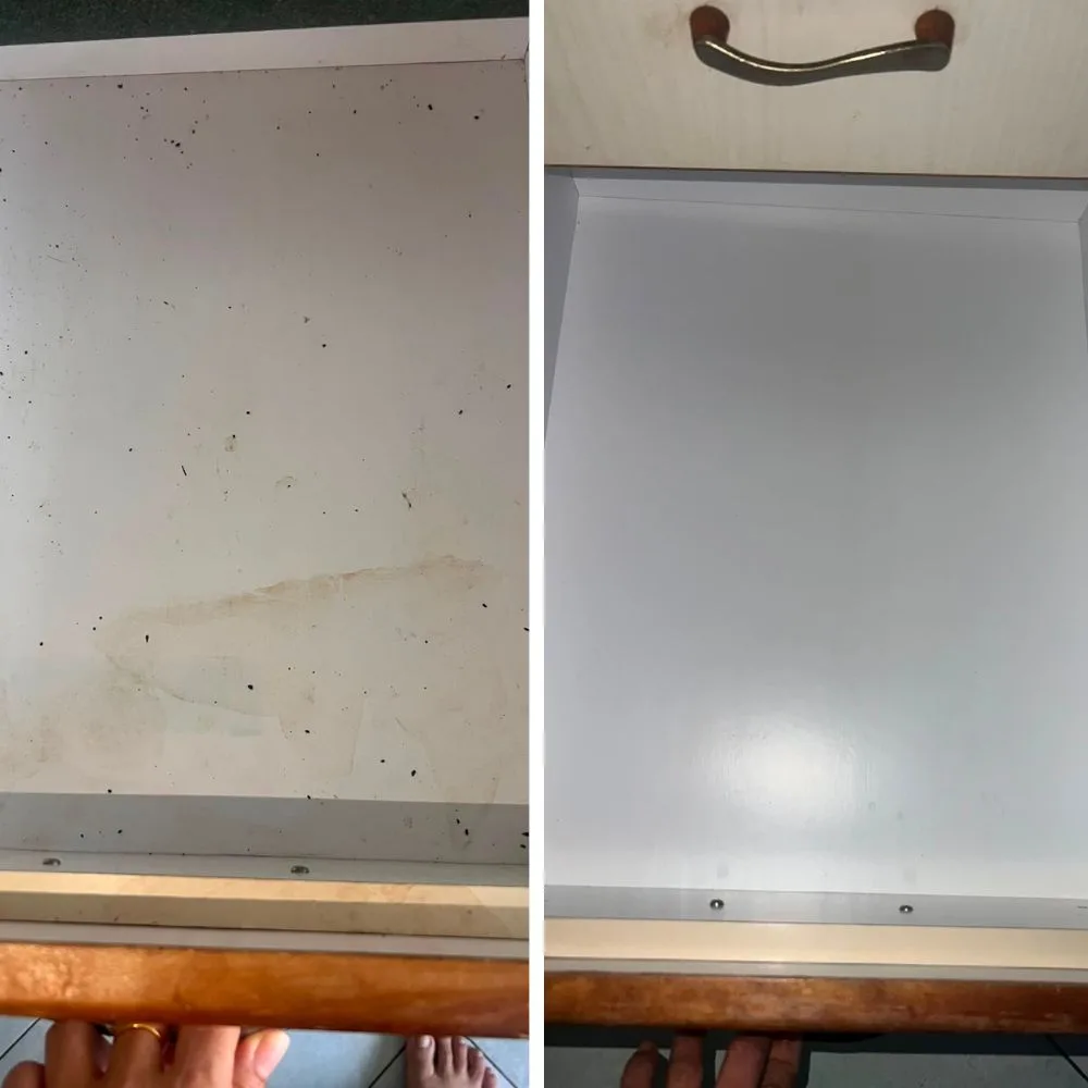 Post-tenancy cleaning — drawer with cockroach droppings before and spotless after