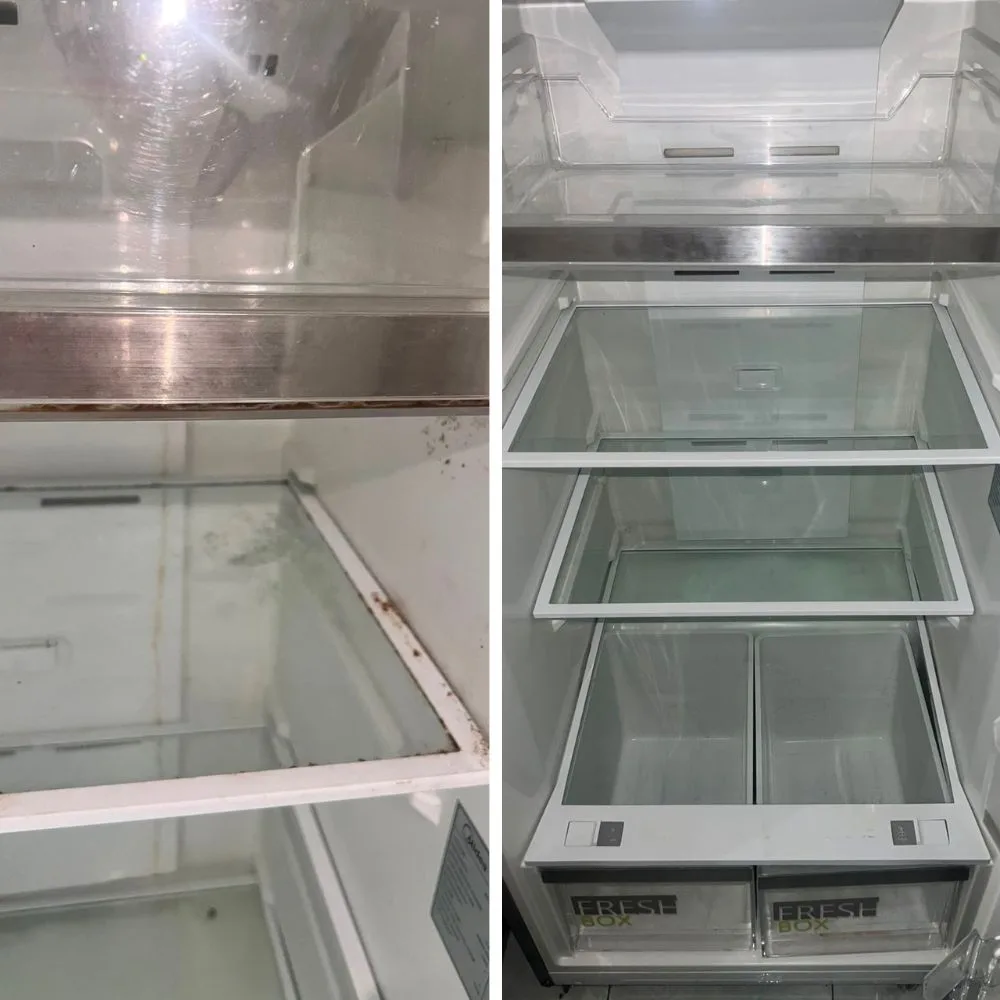 Post-tenancy cleaning — refrigerator interior before and after deep cleaning