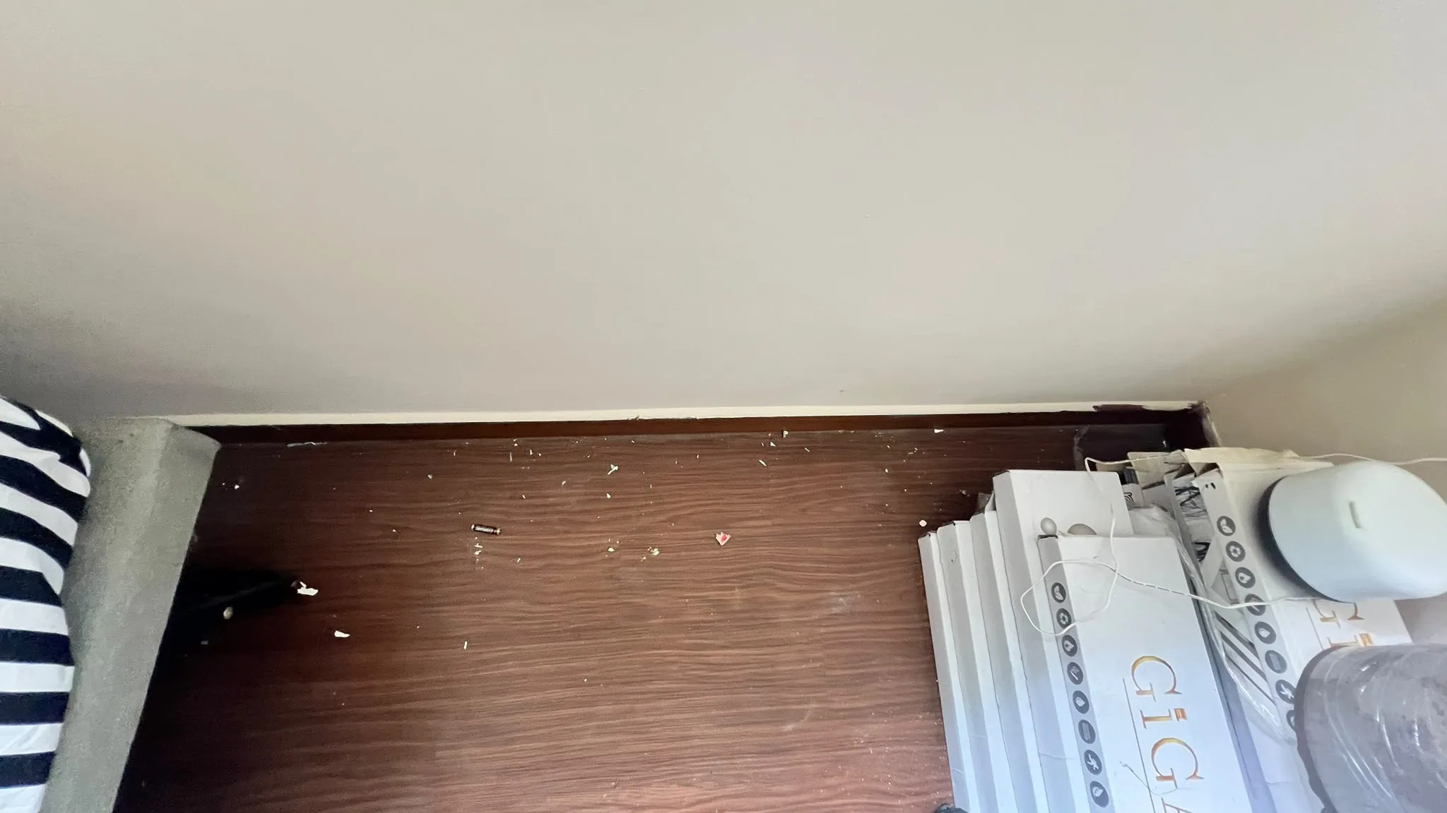 Flooring before cleaning โ post-renovation debris on floor
