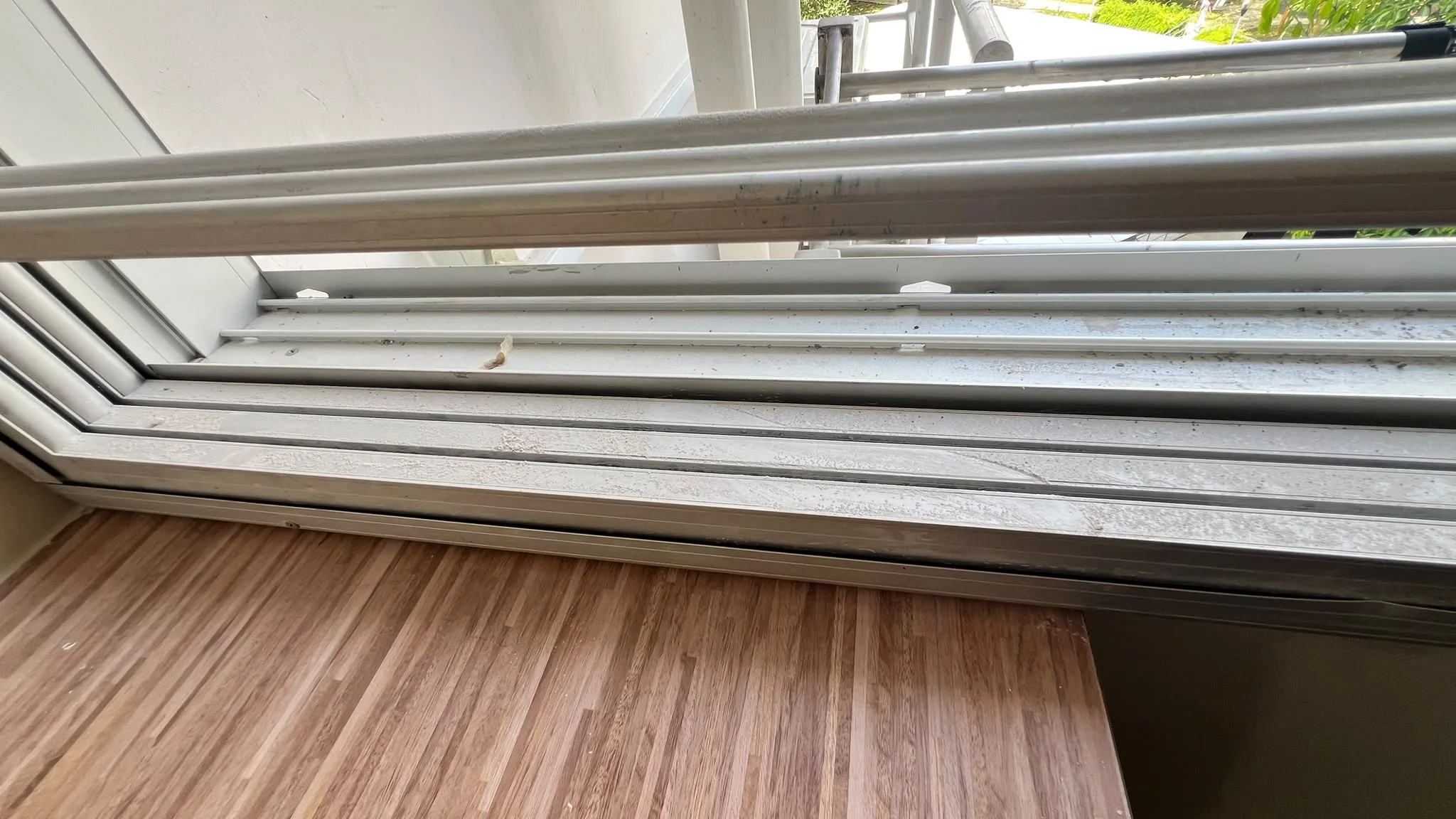 Windows before cleaning โ renovation residue on glass